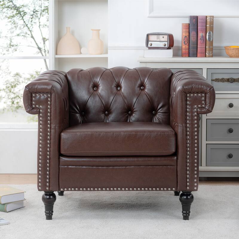 PU Leather Rolled Arms Accent Chairs Comfortable Living Room Arm Chairs with Nailhead Trim Design
