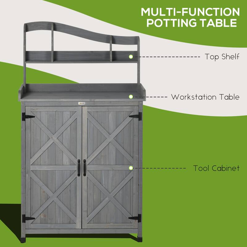 Outsunny Outdoor Potting Bench Table & Garden Storage Cabinet, Multi-function Gardening Bench, Wooden Planting Workstation