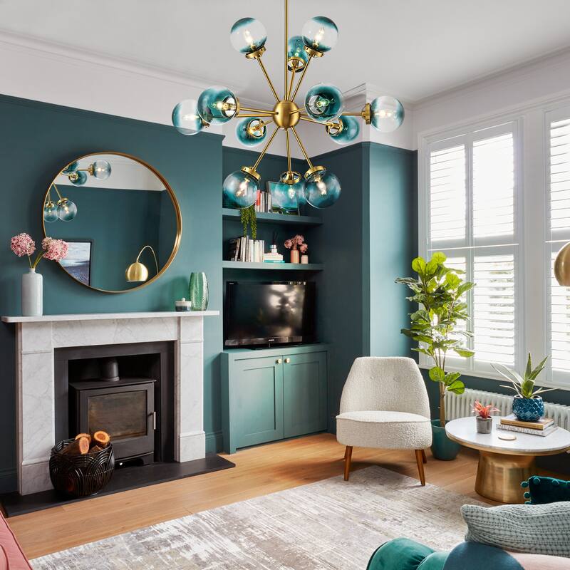 12-Light Modern Glam Brushed Gold Linear Sputnik Gradient Blue Glass Globe Bubble Chandelier - 37.7 in. W x 30.3 in. H
