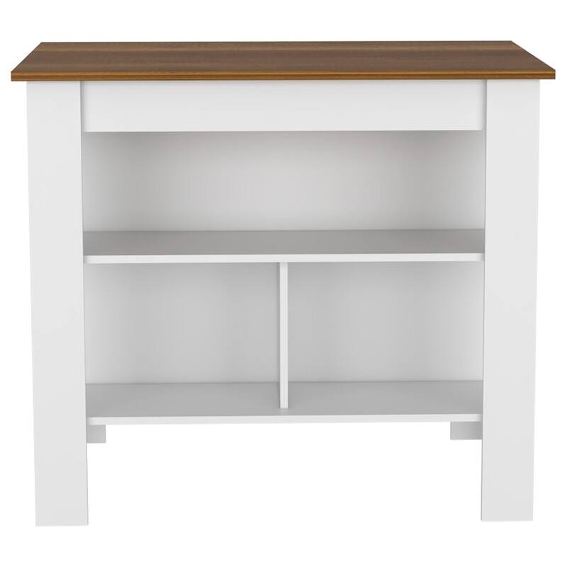 Kitchen Island, kitchen table 35" H, Four Legs, Three Open Storage Shelves - Brown