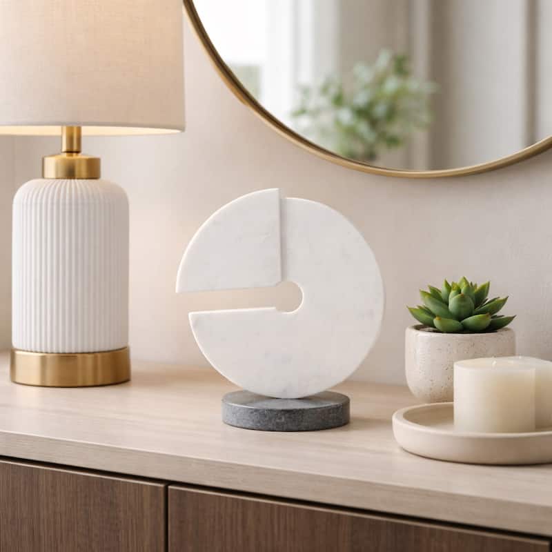 Decorative Round Marble Sculpture Statue - 10", White & Black