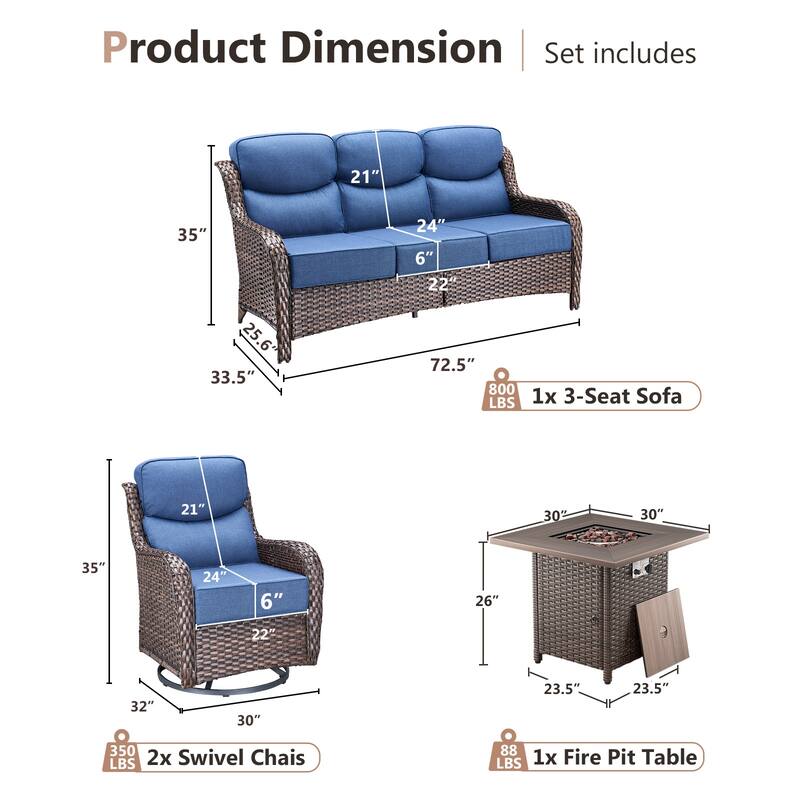 Pocassy Outdoor 6" Sofa Swivel Chair with Fire Pit Table