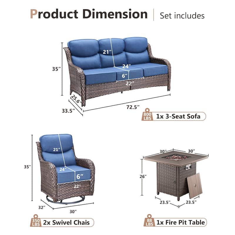 Pocassy Outdoor 6" Sofa Swivel Chairs with Fire Table Funiture