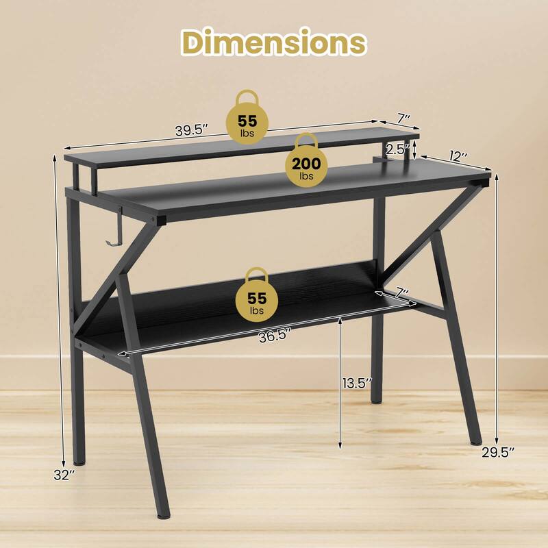 Costway Home Office Desk with Monitor Stand, Open Shelf & Metal Frame, - See Details