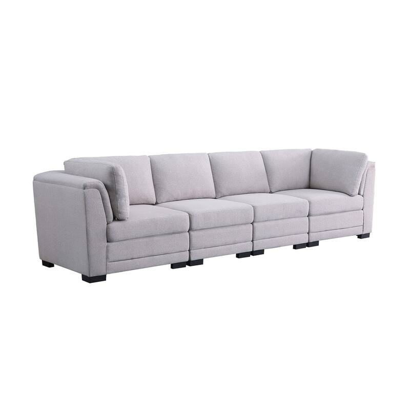 Linen Fabric Upholstered 4-Seater Modular Sofa in Light Gray and Black
