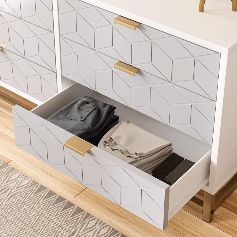 6 Drawer Dresser, Wide Wood Chest with Metal Legs, Modern Storage Cabinet for Bedroom, Living Room