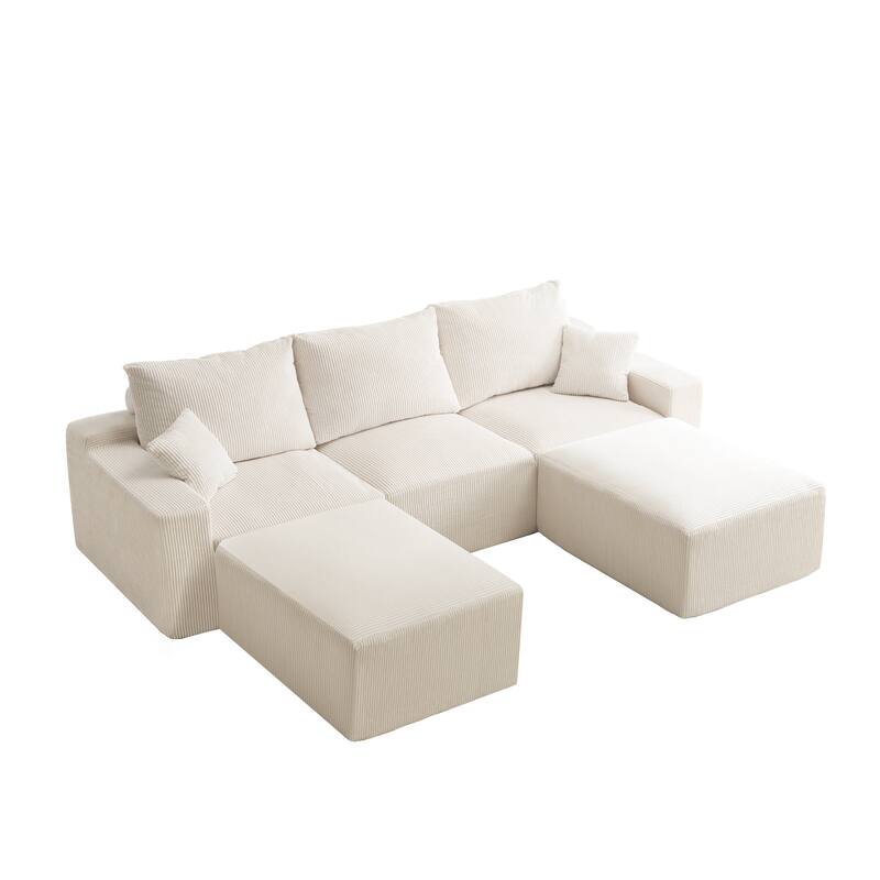 110" L-Shaped Modular Sectional Sofa 3-Seater Corduroy Couch with 2 Ottoman and 2 Pillows