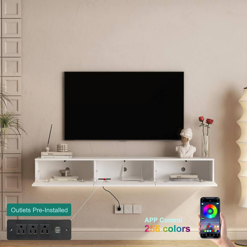 Floating TV Stand Wall Mounted with 16 Color LEDs, 67" Modern TV Stand