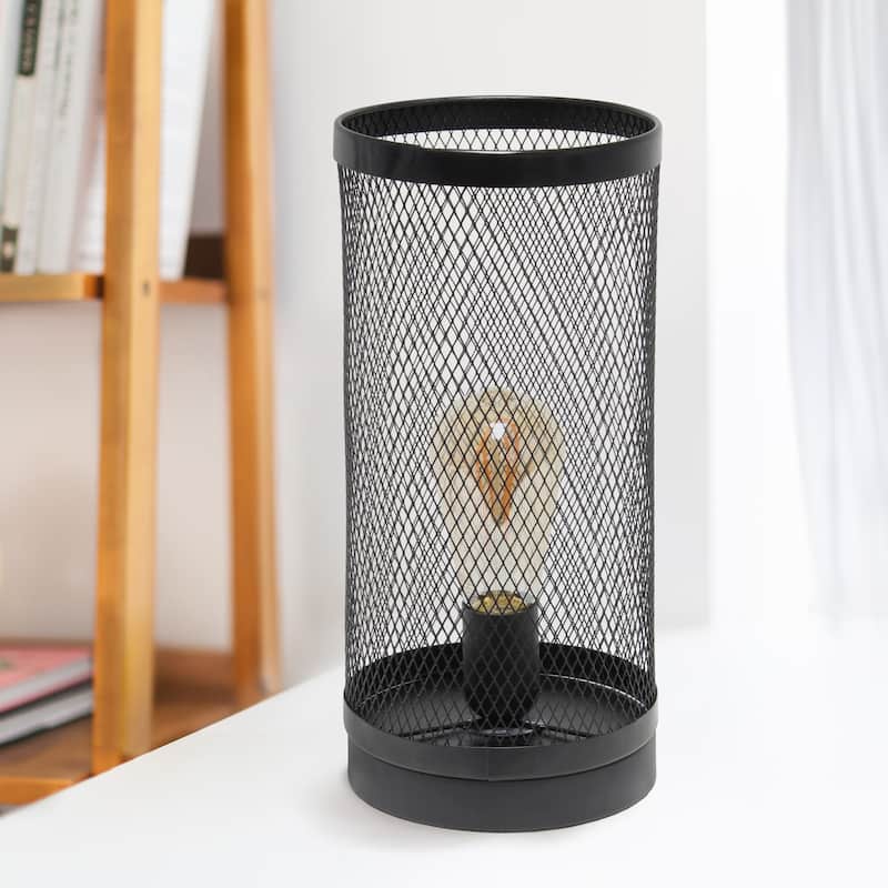 12.75" Industrial Mesh Cylinder Table Lamp, Modern Accent Lighting For Living Room, Entryway, Bedroom, Office, Black