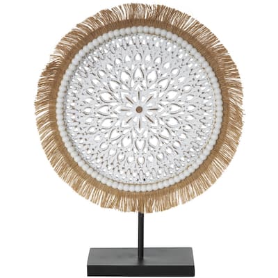 Wooden Tribal Handmade Seagrass Fringed Decorative Sculpture with Black Base - White or Gray - Roche River Decor