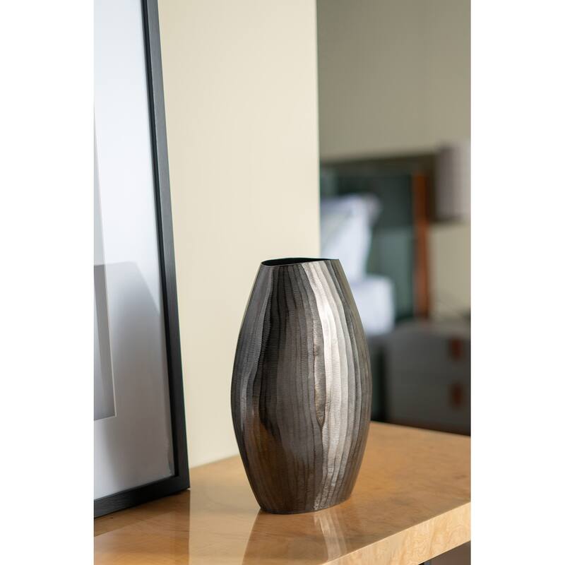 9.5x5.5x12" Aluminum Layered Chisel Oval Vase - Silver grey