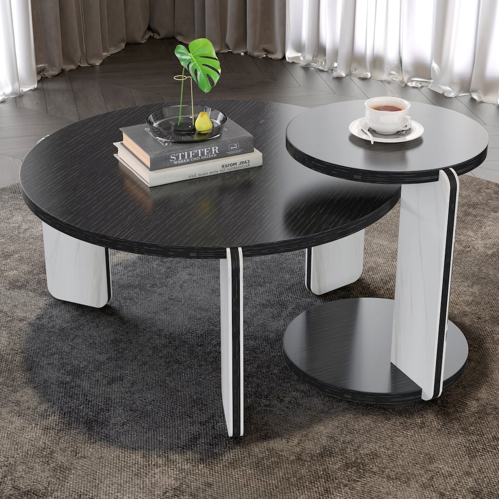 Round Nesting Coffee Table Set of 2, Sintered Stone Top Nesting Tables with Metal Frame, Modern Accent Side Table Set