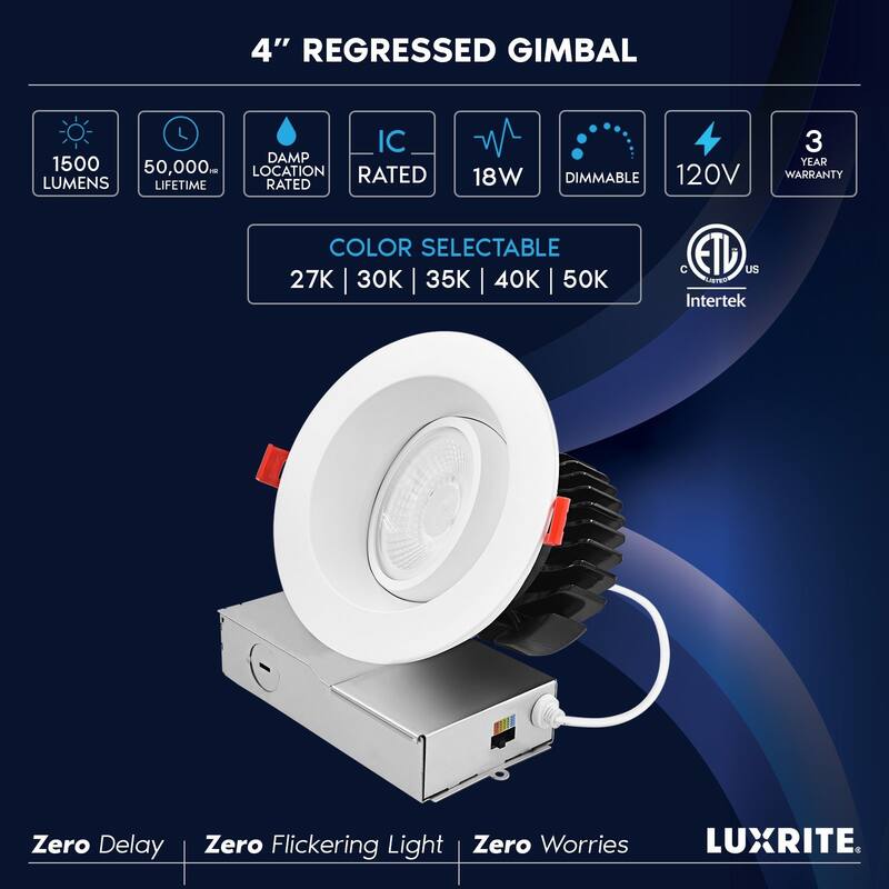 Luxrite 4 Inch Gimbal LED Recessed Light J-Box CRI90 18W 5CCT 2700K-5000K 1500 Lumens Dimmable IC Rated 6 Pack
