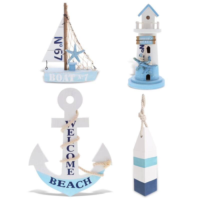 CoTa Global Blue Wooden Nautical Home Decor with Rope - Set of 4 - 9 x 4.3 x 4.3 inches