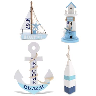 CoTa Global Blue Wooden Nautical Home Decor with Rope - Set of 4 - 9 x 4.3 x 4.3 inches