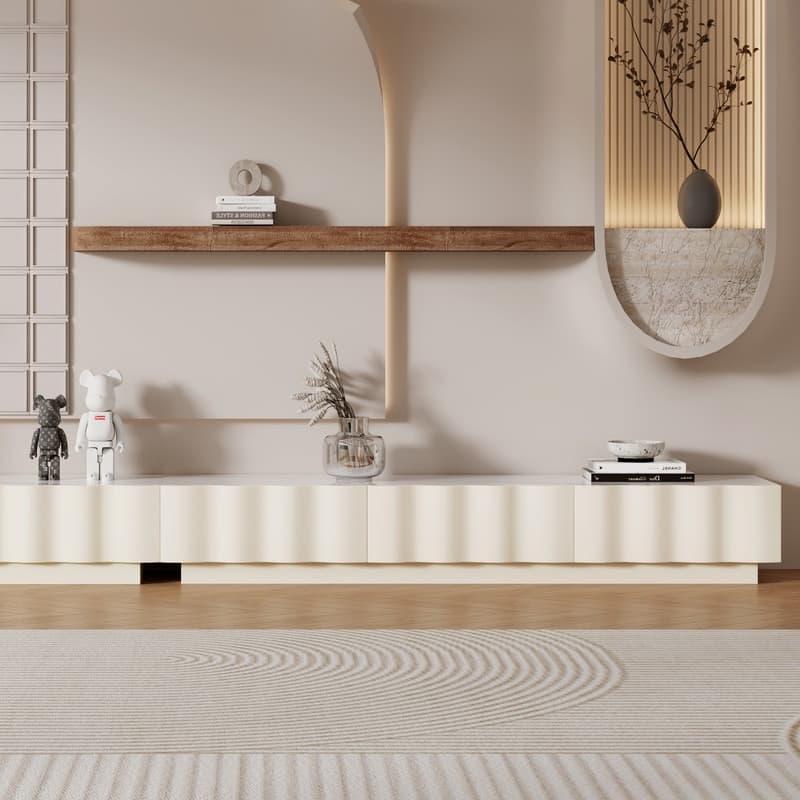 Modern Cream TV Stands with 3-6 Drawers, White Media Console with Glossy Sintered Stone Tabletop