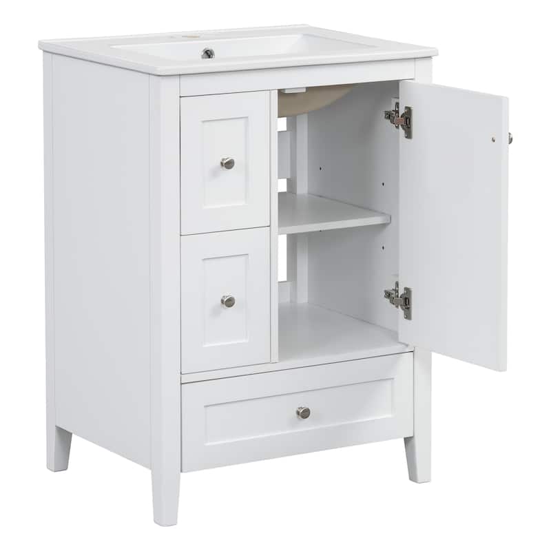 24-Inch Bathroom Vanity with Storage, Adjustable Shelf, MDF & Rubberwood, Removable Dividers