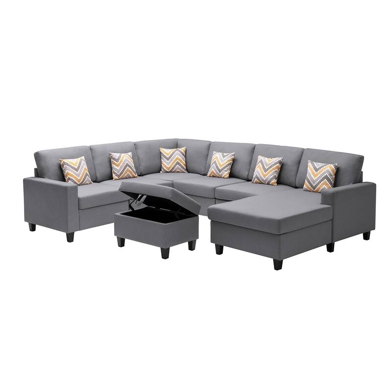 Linen Fabric 7 Piece Reversible Chaise Sectional Sofa with Interchangeable Legs, 7 Pillows and Storage Ottoman