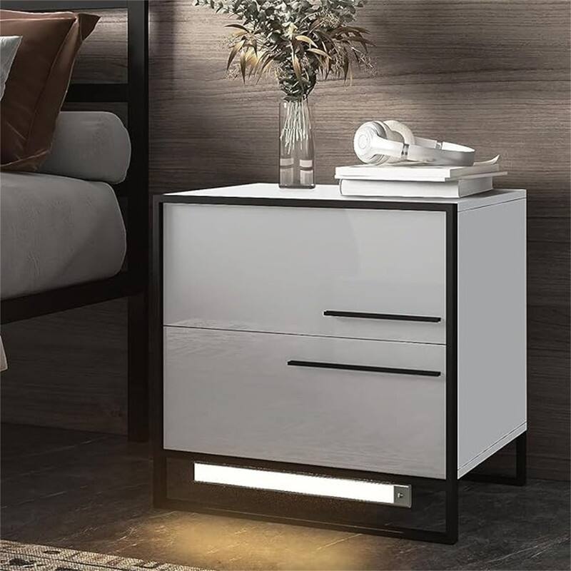 LED Nightstand with 2 High Gloss Drawers - grey
