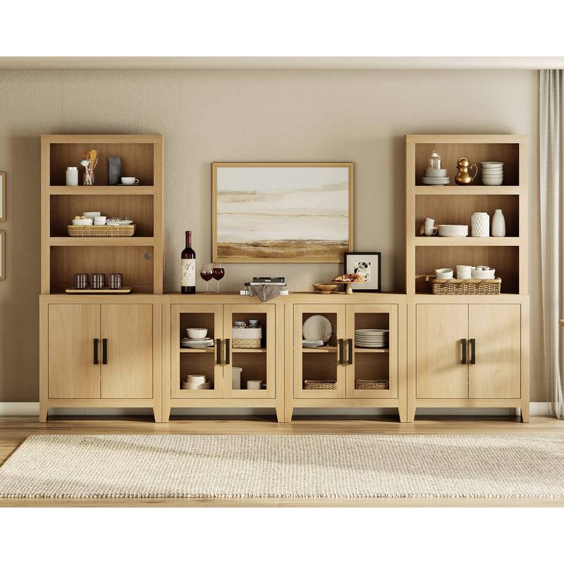 WAMPAT Large Entertainment Center with Bookshelves, Farmhouse TV Stand with Storage Cabinets & Glass Doors