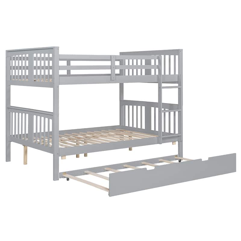 Full over Full Bunk Bed with Twin Size Trundle, Ladder and Guardrails
