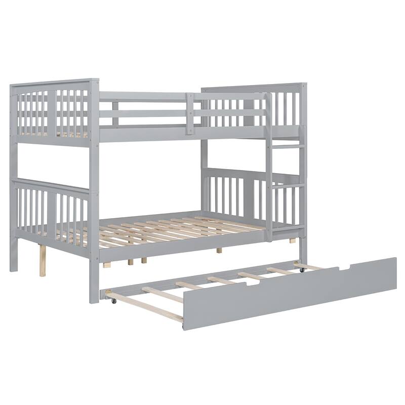Full over Full Bunk Bed with Twin Trundle, Ladder & Slats - Gray/White/Espresso, Converts to 2 Beds