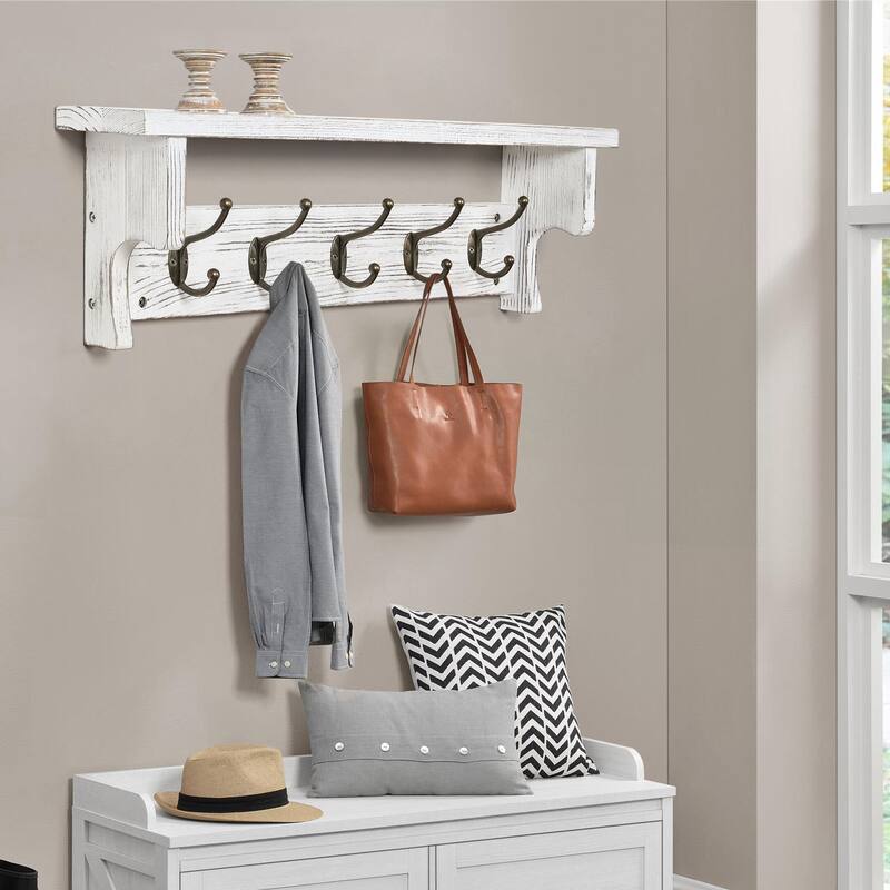 5/8 Metal Hooks Rustic Wall Mounted Coat Rack w/ Storage Shelf