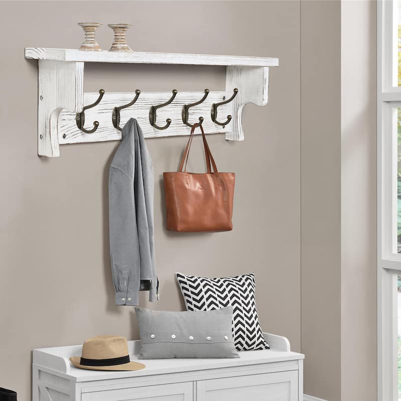 5/8 Metal Hooks Rustic Wall Mounted Coat Rack w/ Storage Shelf