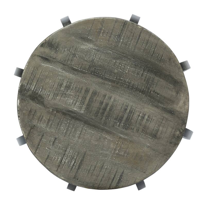 21.25" Modern Round End Table with Curved Metal Frame and Rich Mango Wood Top