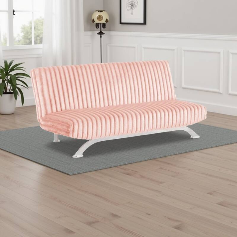 Villy Futon Sofa Bed, Chrome Metal Legs, Pink Channel Tufted Fabric