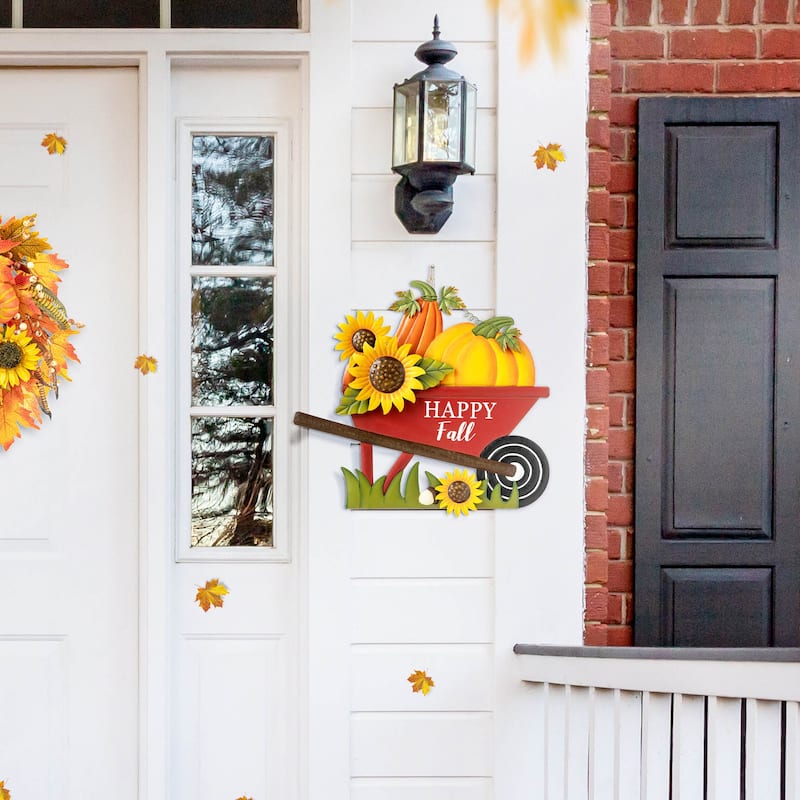 Glitzhome 30"H Fall Metal Wheelbarrow Pumpkin Welcome Barrel Yard Stake Thanksgiving Decor