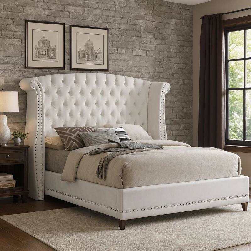 Dini California King Bed, Crystal Button Tufting, White Velvet Upholstery