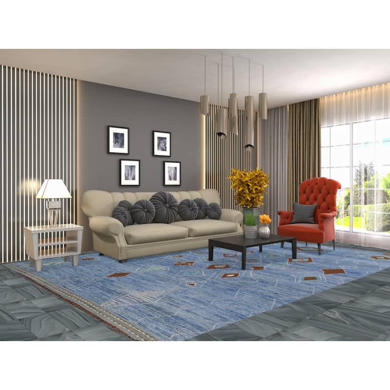 Blue Geometric Moroccan Area Rug Hand-Knotted Wool Carpet - 8'7"x 12'2"