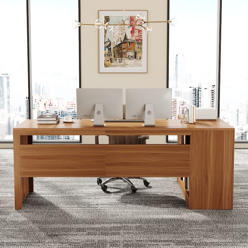 78.7" L-Shaped Executive Desk, Large Home Office Corner Desk with 2 File Drawers & Storage Shelves