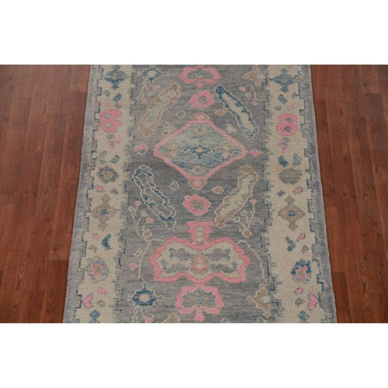 Hand Knotted Oriental 100% Wool Carpet Transitional Geometric Greys & Charcoal Oushak Runner Rug - 16' 1'' X 3' 5''
