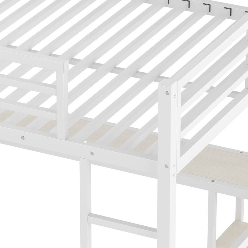 Queen Size Loft Bed with Wardrobe, Desk, and Storage Shelves in White Wood-grain Finish