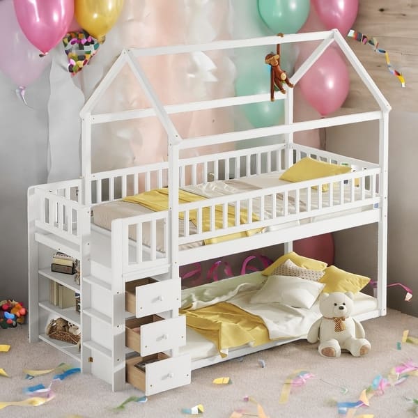 slide 2 of 11, Twin over Twin House Bunk Bed With Shelves And Drawers-White White
