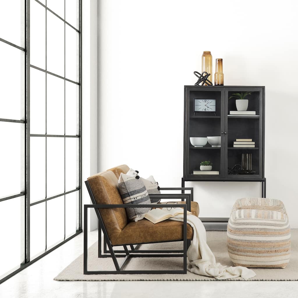 Armelle II Brown Leather Seat w/ Gray Metal Frame Accent Chair - - 28.25" W x 32.75" D x 30.0" H