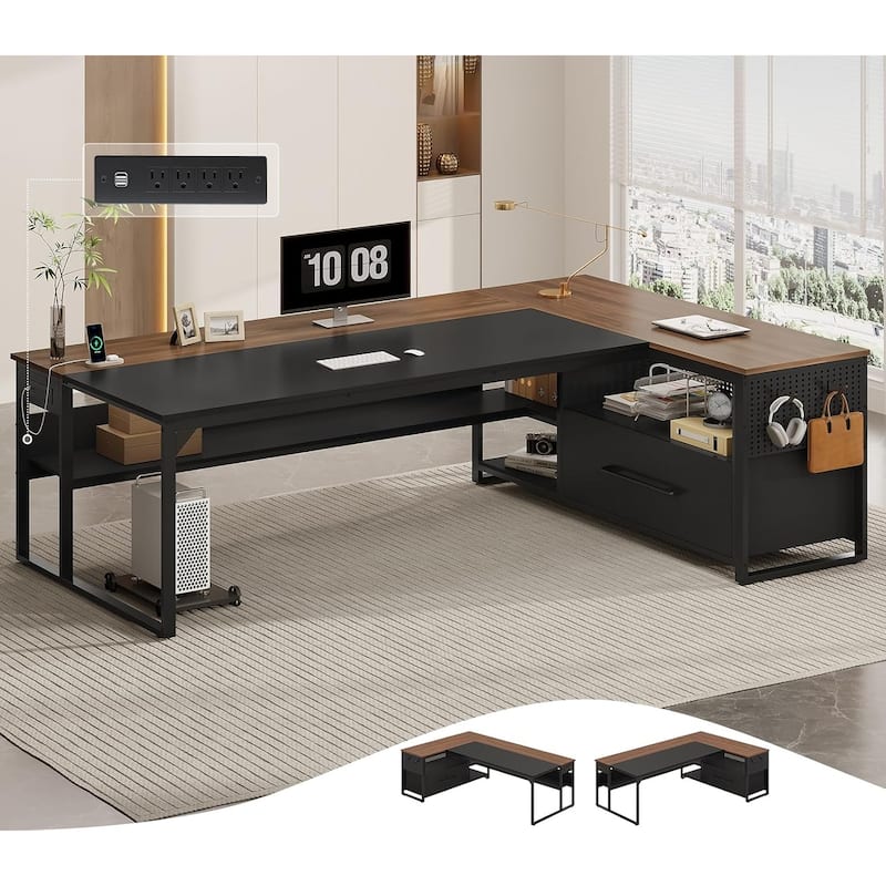 Executive Desk L Shaped Desk File Drawers Power Outlets Computer Desk