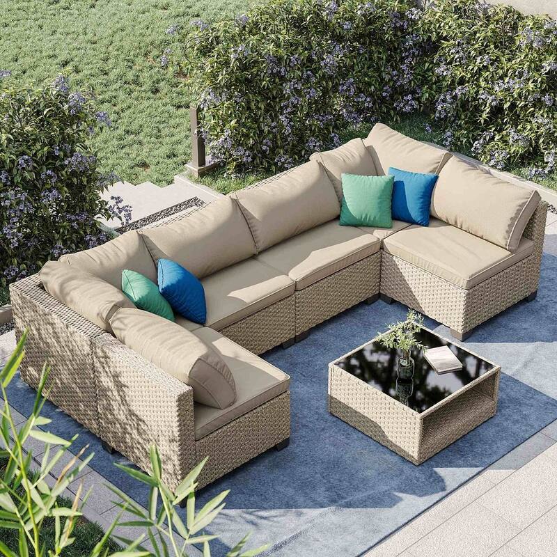 7-piece Outdoor Patio Wicker Conversation Set With Glass-Top Table