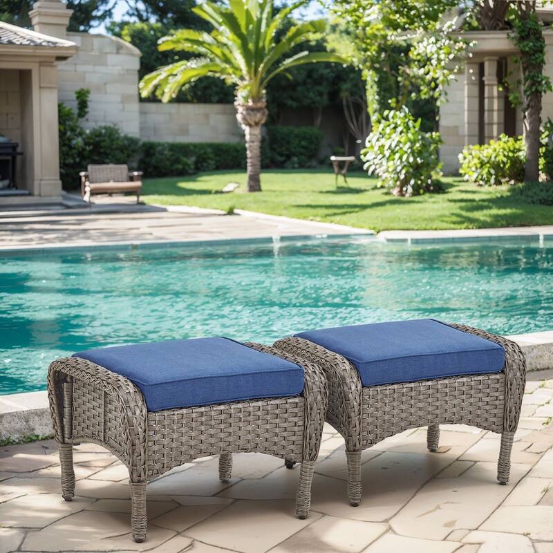 2 Pieces All Weather Rattan Wicker Ottoman Seat - Grey - Blue
