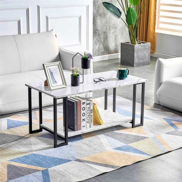 2 Layers Mdf Rectangle Iron Coffee Table With White Top And Black Leg Overstock 32726514