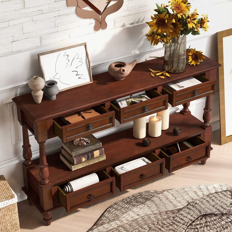 Retro 54" Solid Wood Console Table with 6 Drawers and Shelf for Vintage Living Room and Hallway Storage