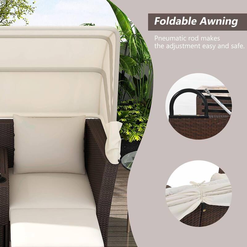 Outdoor Patio Loveseat Sofa Set with Foldable Awning