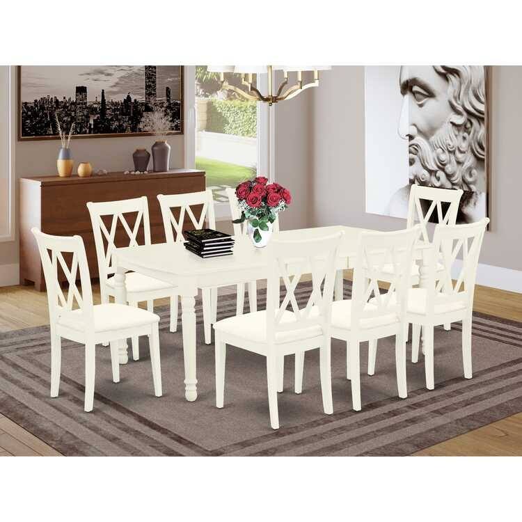 9Pc Dining Set - Rectangle Table with Leaf & 8 Linen Chairs - Kitchen Dinette Set - 78