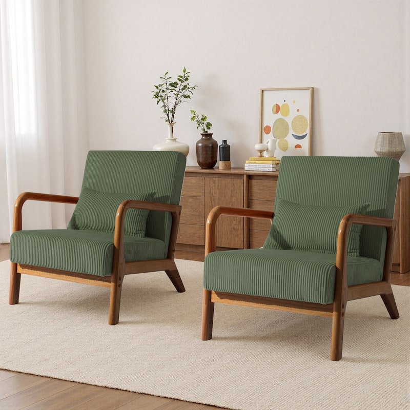 25" W Mid Century Upholstered Wood Accent Chair with Pillow set of 2