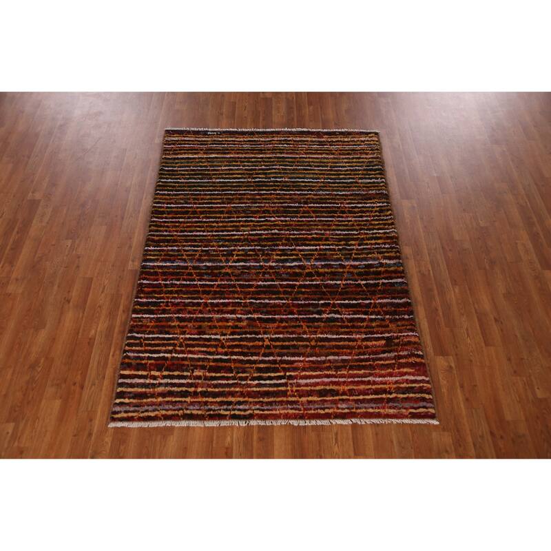 Striped Trellis Moroccan Oriental Rug Hand-Knotted Wool Carpet - 4'7" x 6'4"