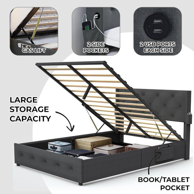 Modern Wingback Platform Bed with Gas Lift Storage