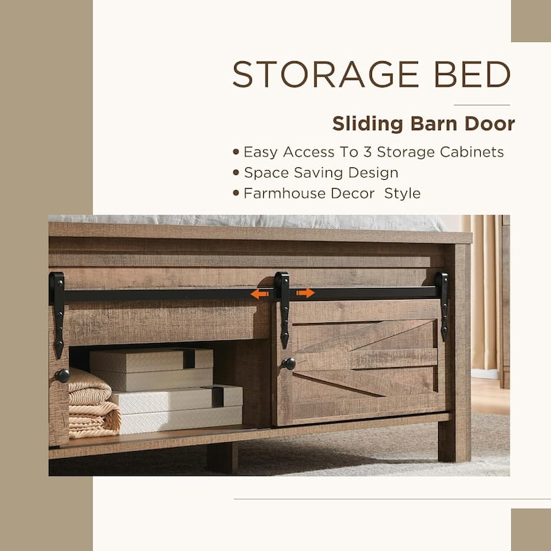 Farmhouse King Size Wood Bed Frame with Sliding Barn Door Storage