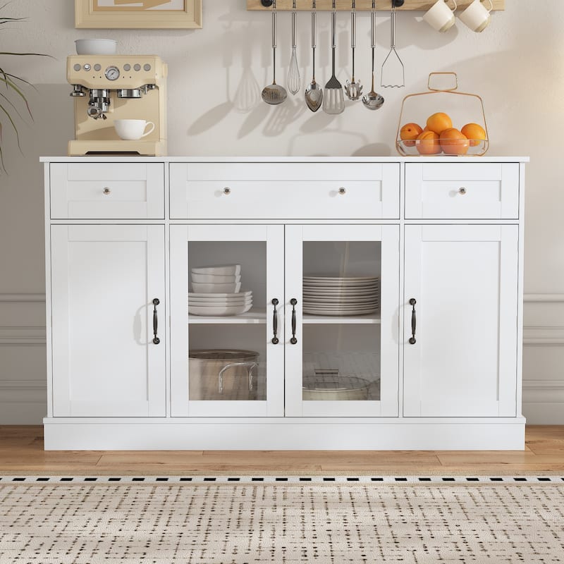 White Buffet Cabinet with 3 Drawers and 4 Doors, Glass Center Doors Sideboard